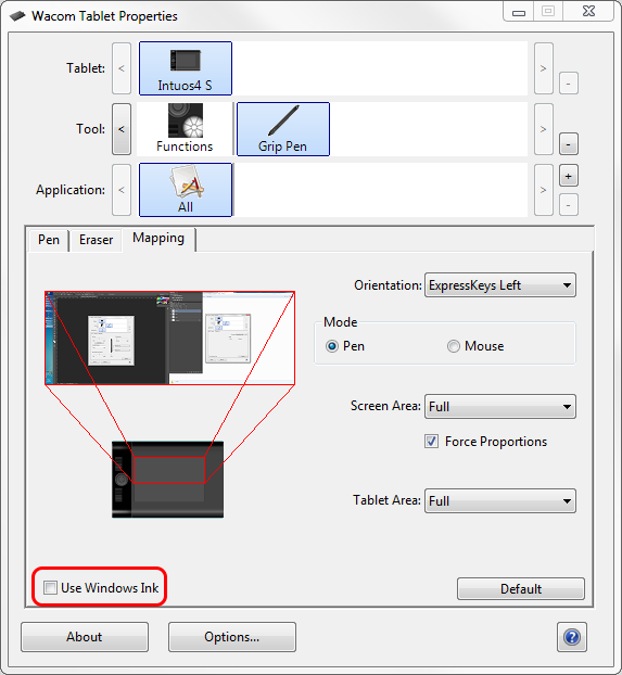 Wacom Tablet Properties dialog with relevant options highlighted